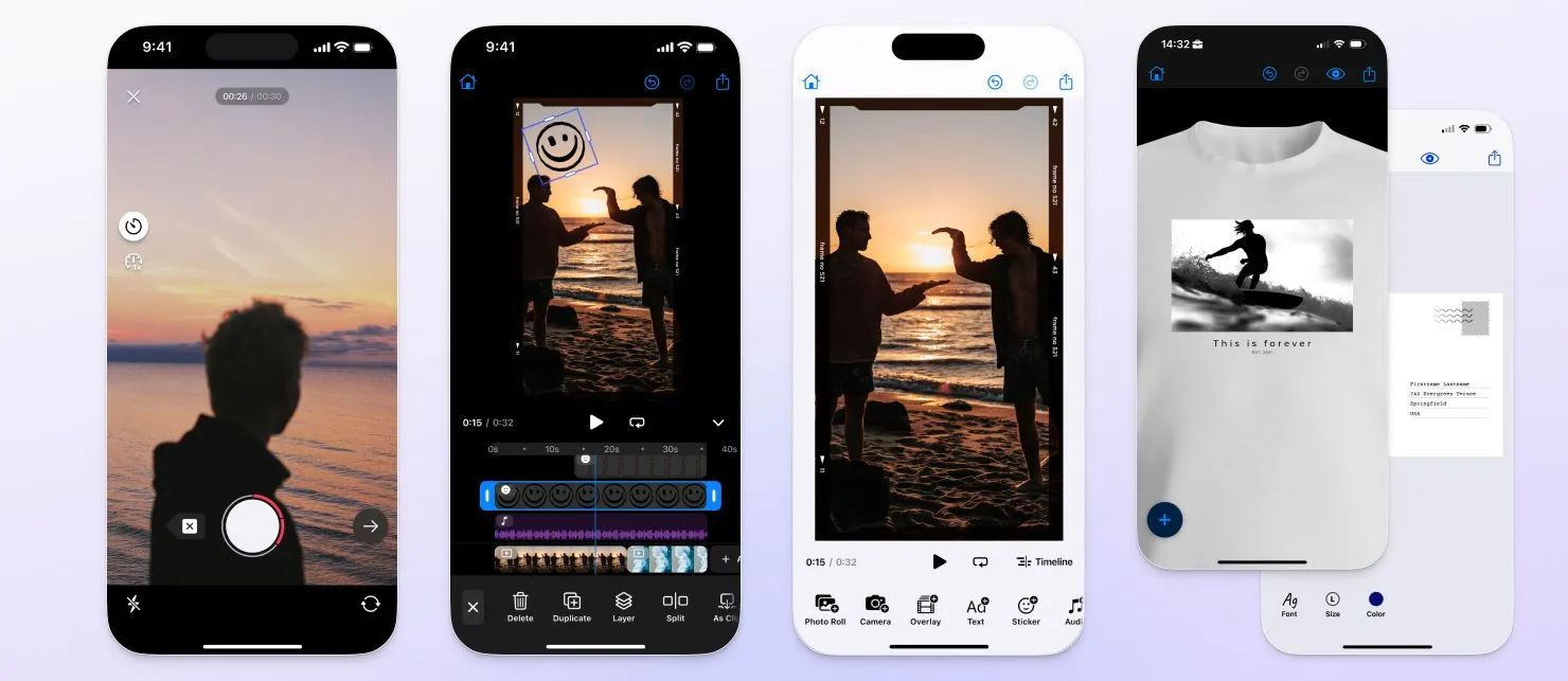 Get started instantly, by installing a UI package. From left to right: Camera UI, Video Editor UI - Timeline View, Video Editor UI, Example UIs for Apparel and Postcard Editors.