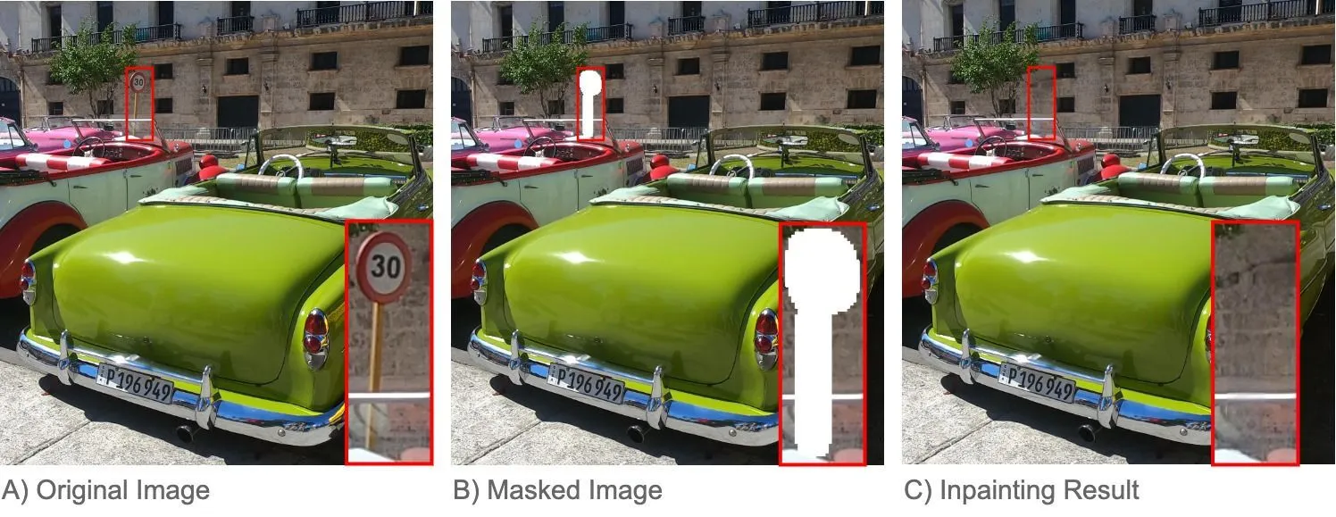 Figure 1: Inpainting example. A) shows the original image; B) the masked (input) image; C) the results of the inpainting.