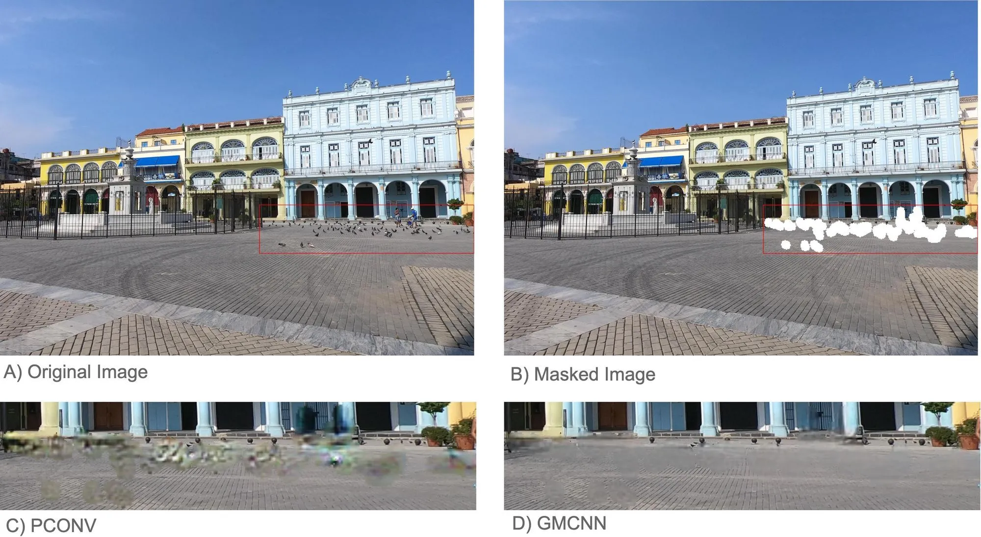 Figure 2: Comparison of GMCNN and PCONV model. A) shows the original image; B) the masked (input) image; C) the results of the PCONV network and D) the results of the GMCNN model.