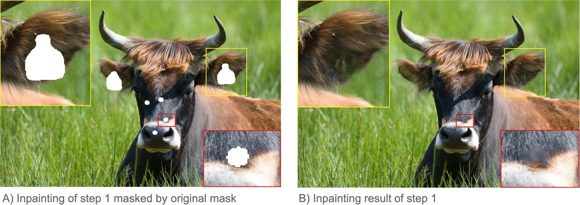 Figure 5: Step 1 of the two-step-approach. A) shows the original image masked by the original mask; B) the intermediate low-resolution inpainting result emerging from step 1