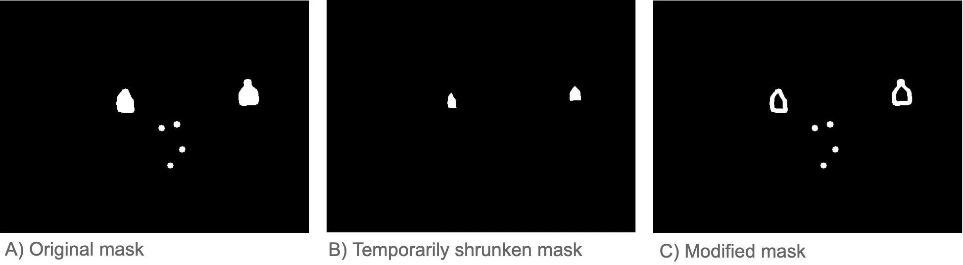 Figure 6: Mask modification required for step 2 of the two-step-approach. A) shows the original mask; B) the original mask temporarily shrunken by an erosion kernel; and C) the modified mask containing small mask regions and boundary areas only.