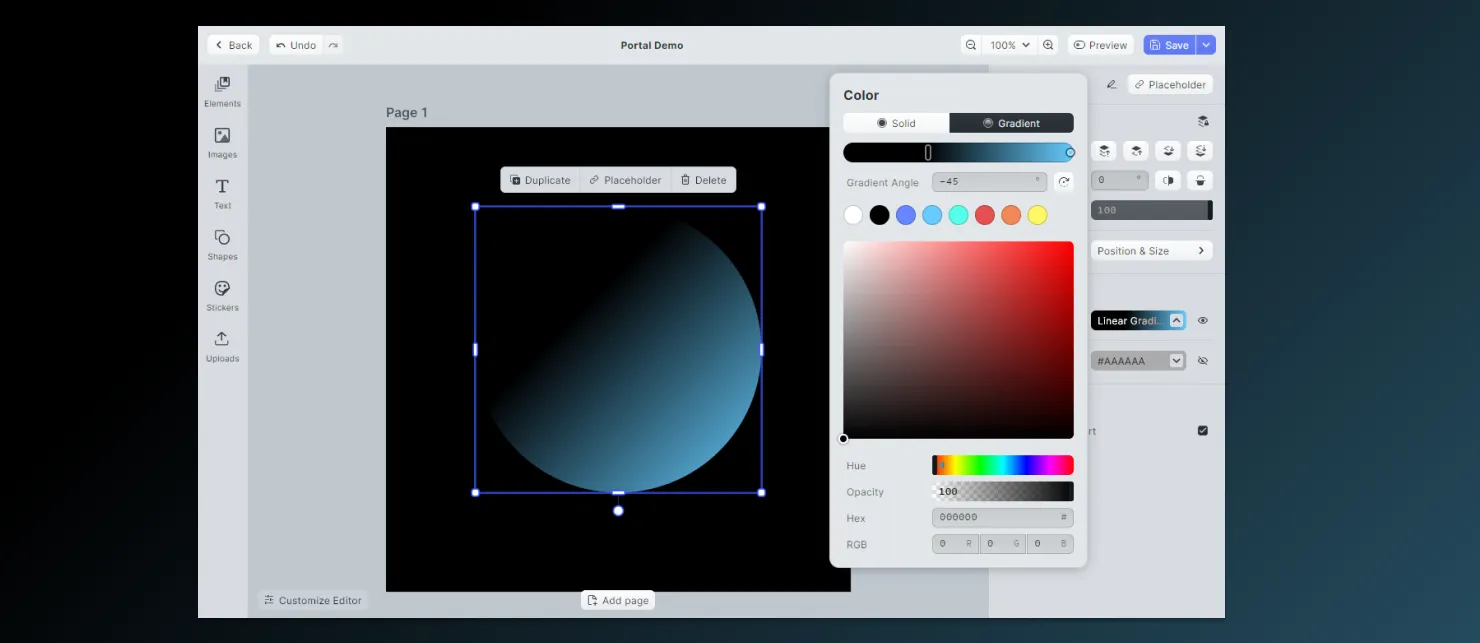 Let users create stunning backgrounds or shapes with Linear Gradient Fills.