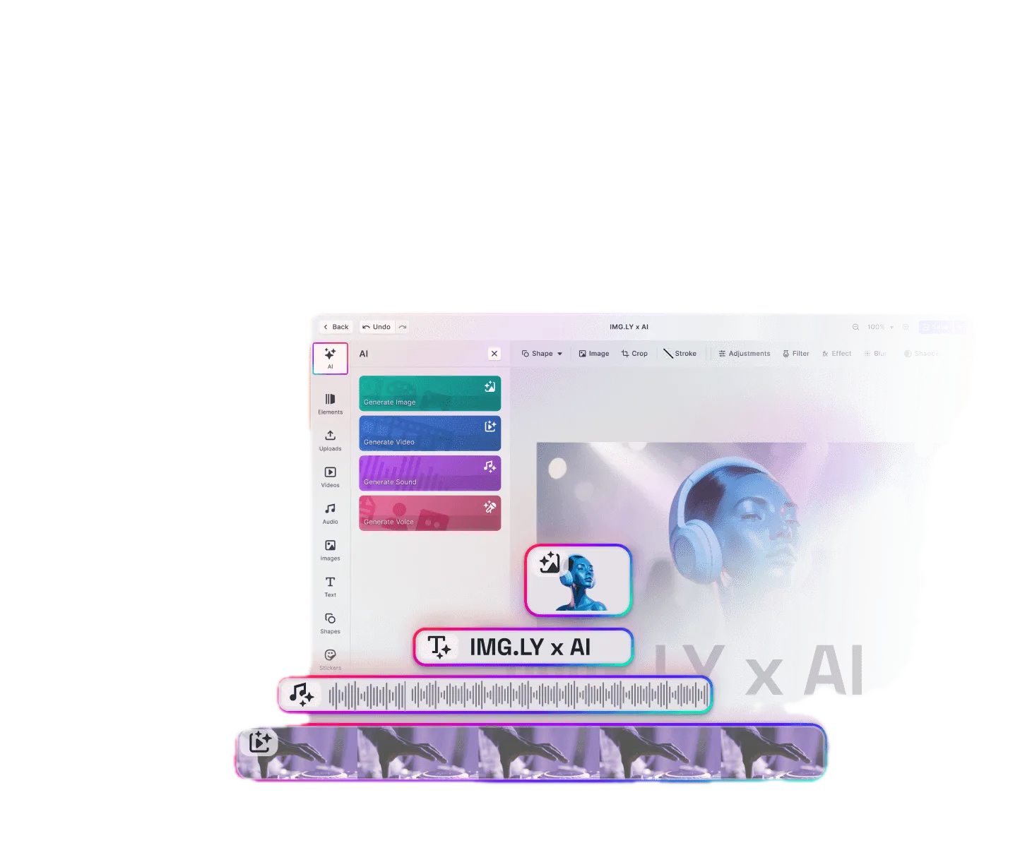 IMG.LY AI Editor: generative image tools next to manual editing controls on a canvas