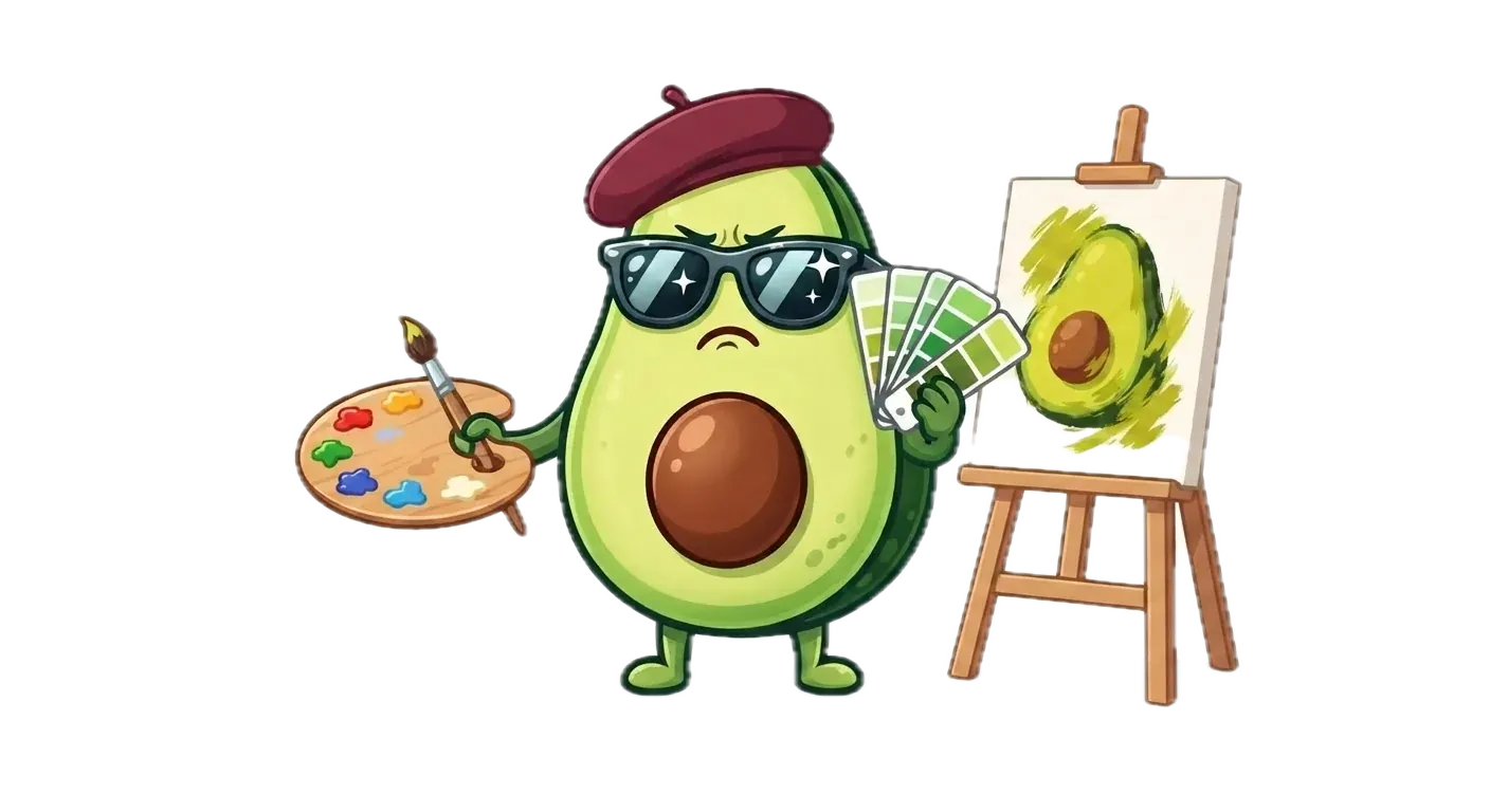 The benchmark avocado mascot as a painter holding a green swatch fan, frowning at an off-color portrait of itself