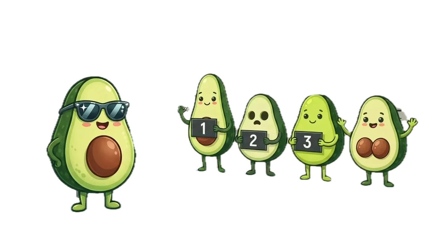 The benchmark avocado mascot comparing its reference photo against a police lineup of slightly wrong avocado look-alikes