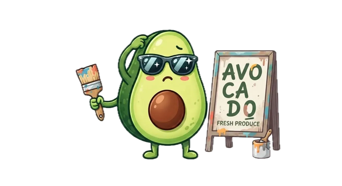 The benchmark avocado mascot scratching its head at a hand-painted sign that misspells the word avocado