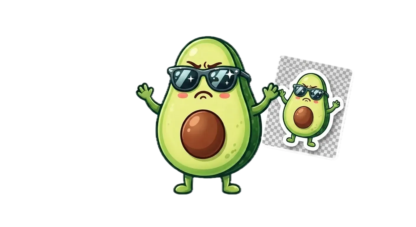 The benchmark avocado mascot comparing a truly transparent sticker of itself with one printed on a fake checkerboard background