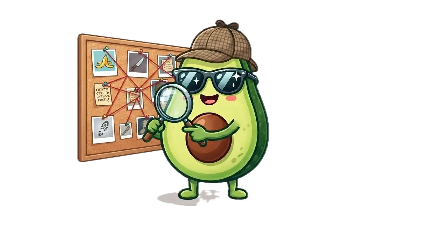 The benchmark avocado mascot as a detective, examining an evidence board of pinned images through a magnifying glass