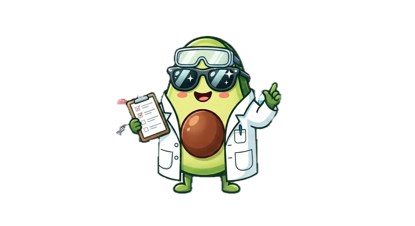 The benchmark avocado mascot in a lab coat, holding a checklist in front of a wall of framed test images