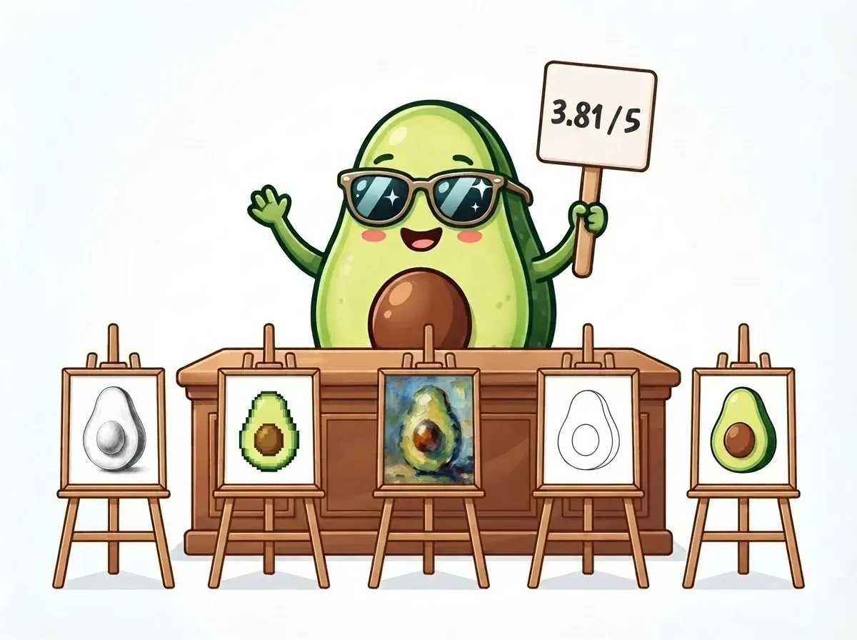 Cover of the 2026 IMG.LY GenAI Benchmark Report: the benchmark avocado mascot holding a judging scorecard