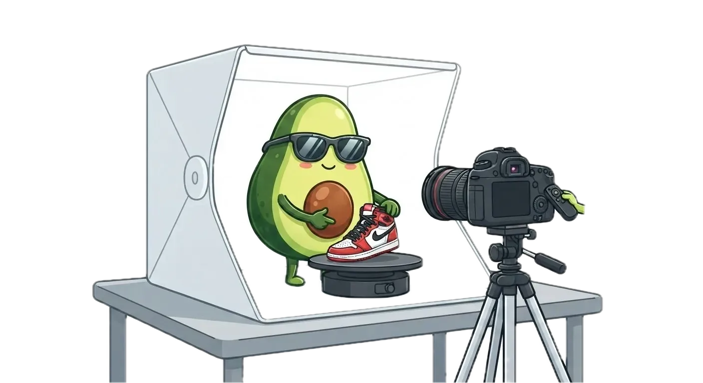 The benchmark avocado mascot staging a sneaker on a turntable inside a studio lightbox