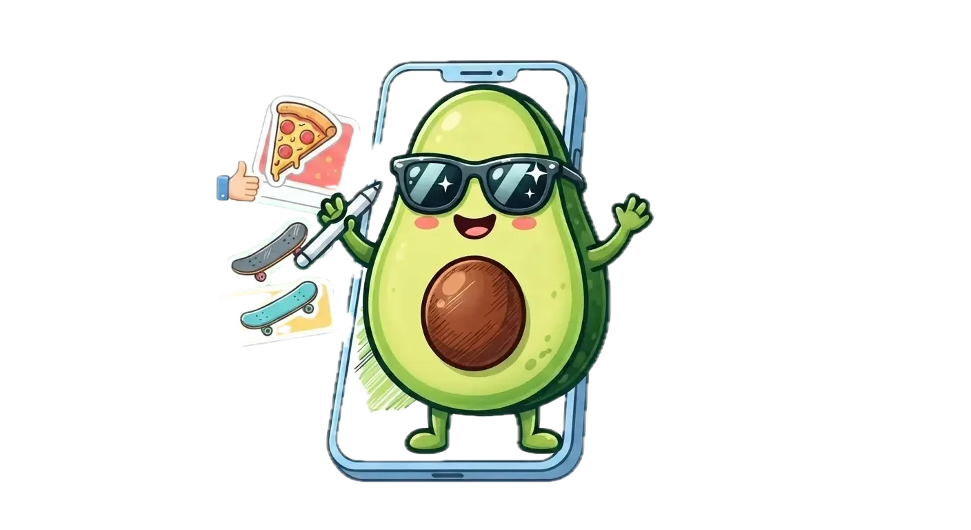The benchmark avocado mascot drawing on a giant smartphone screen, surrounded by floating sticker panels