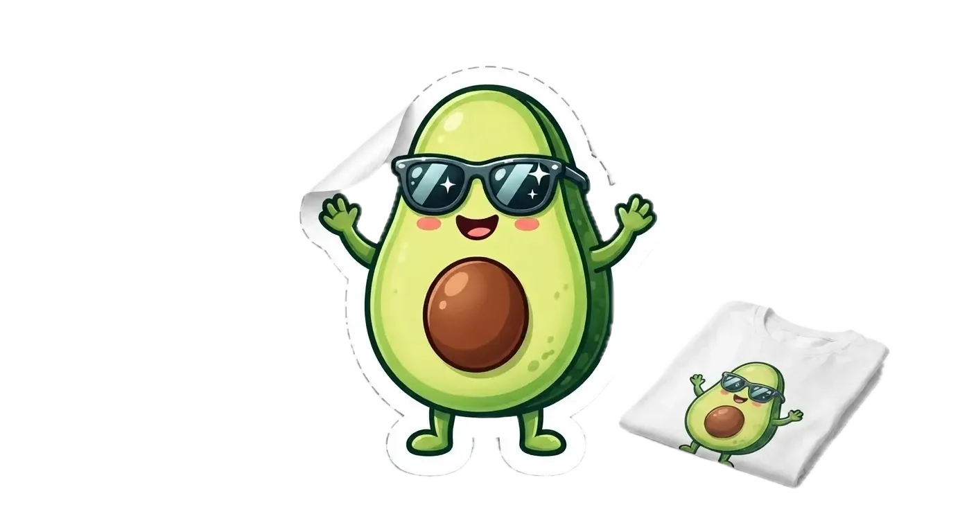 The benchmark avocado mascot holding a life-size die-cut sticker of itself, next to a mug and a t-shirt with the same design