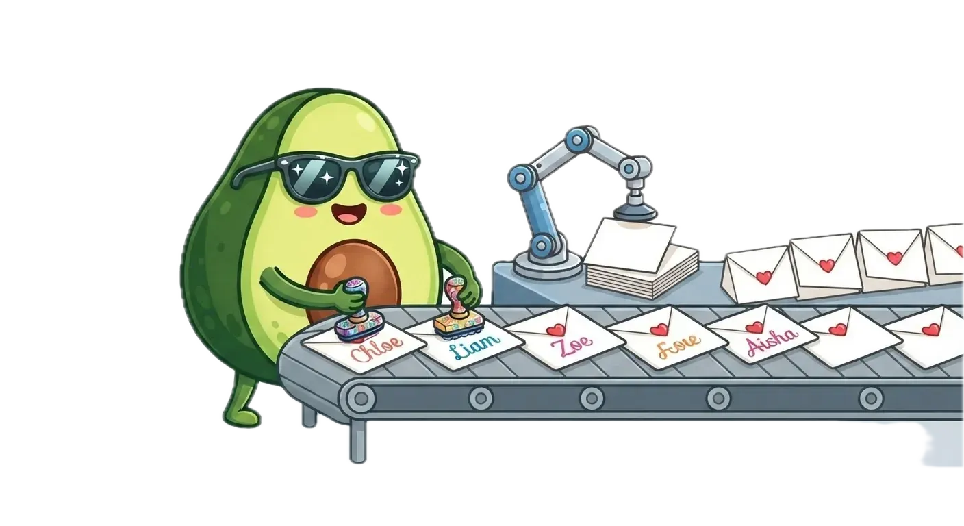 The benchmark avocado mascot stamping different names onto a conveyor belt of identical greeting cards