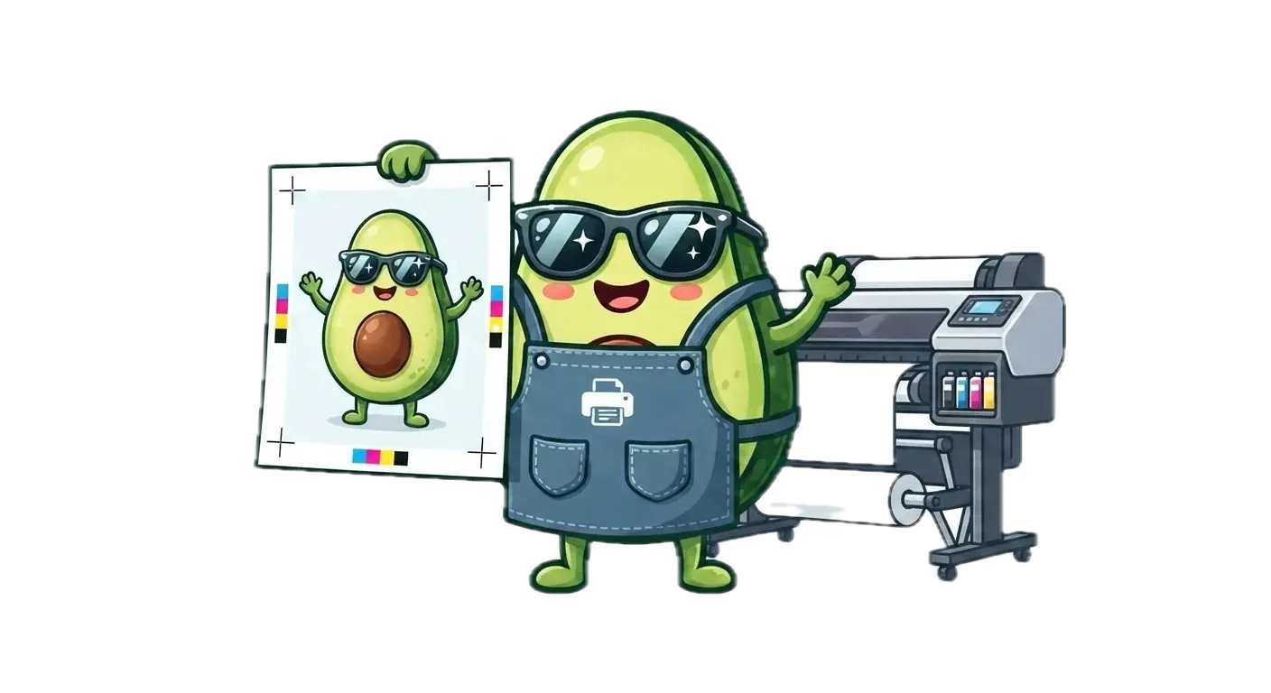The benchmark avocado mascot as a print operator checking a CMYK proof sheet