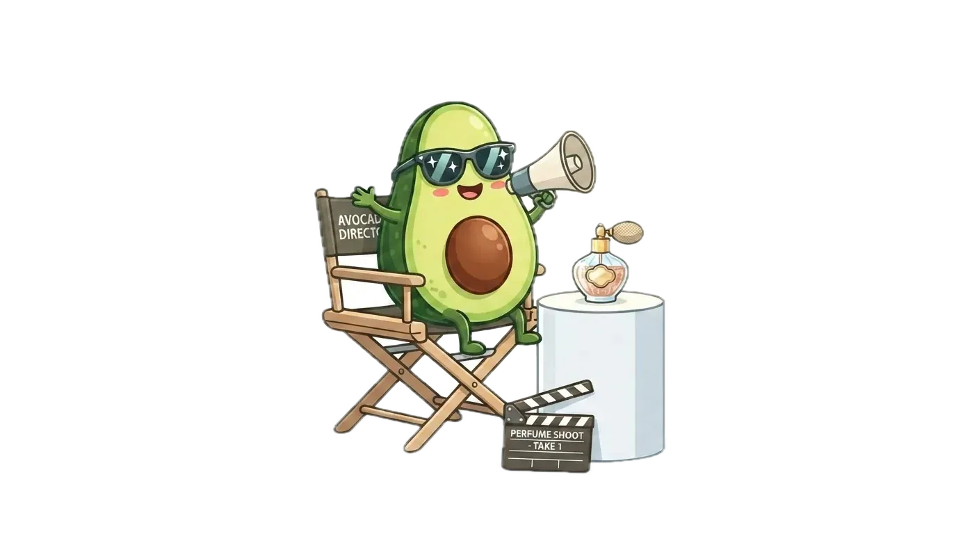 The benchmark avocado mascot directing a perfume-bottle photo shoot from a director’s chair with a megaphone