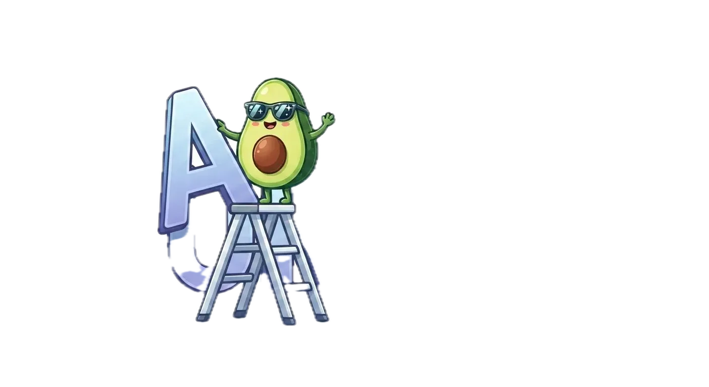 The benchmark avocado mascot on a step ladder, straightening the letter A in a giant AURELIA headline