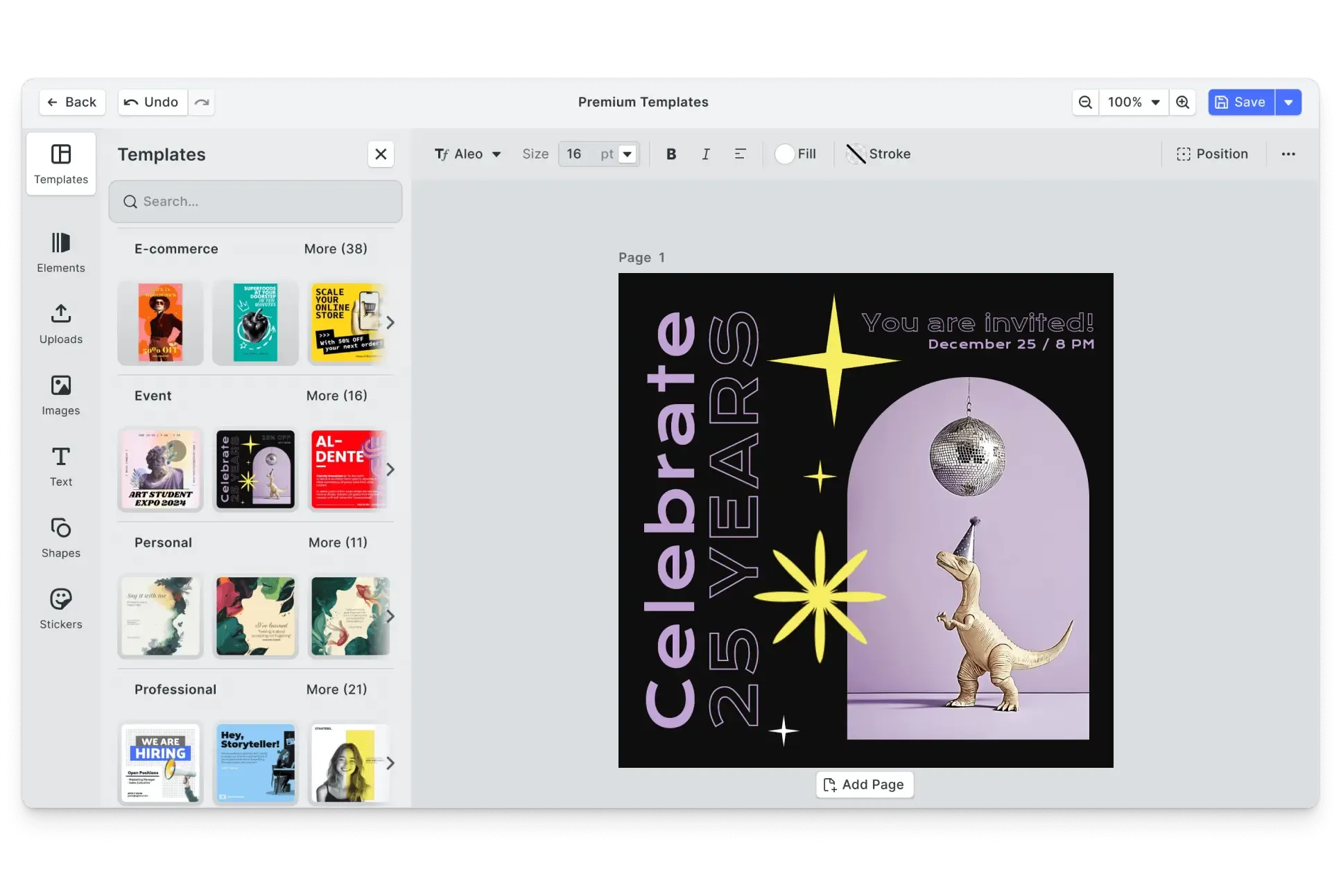 CE.SDK birthday invitations editor showing template-based design