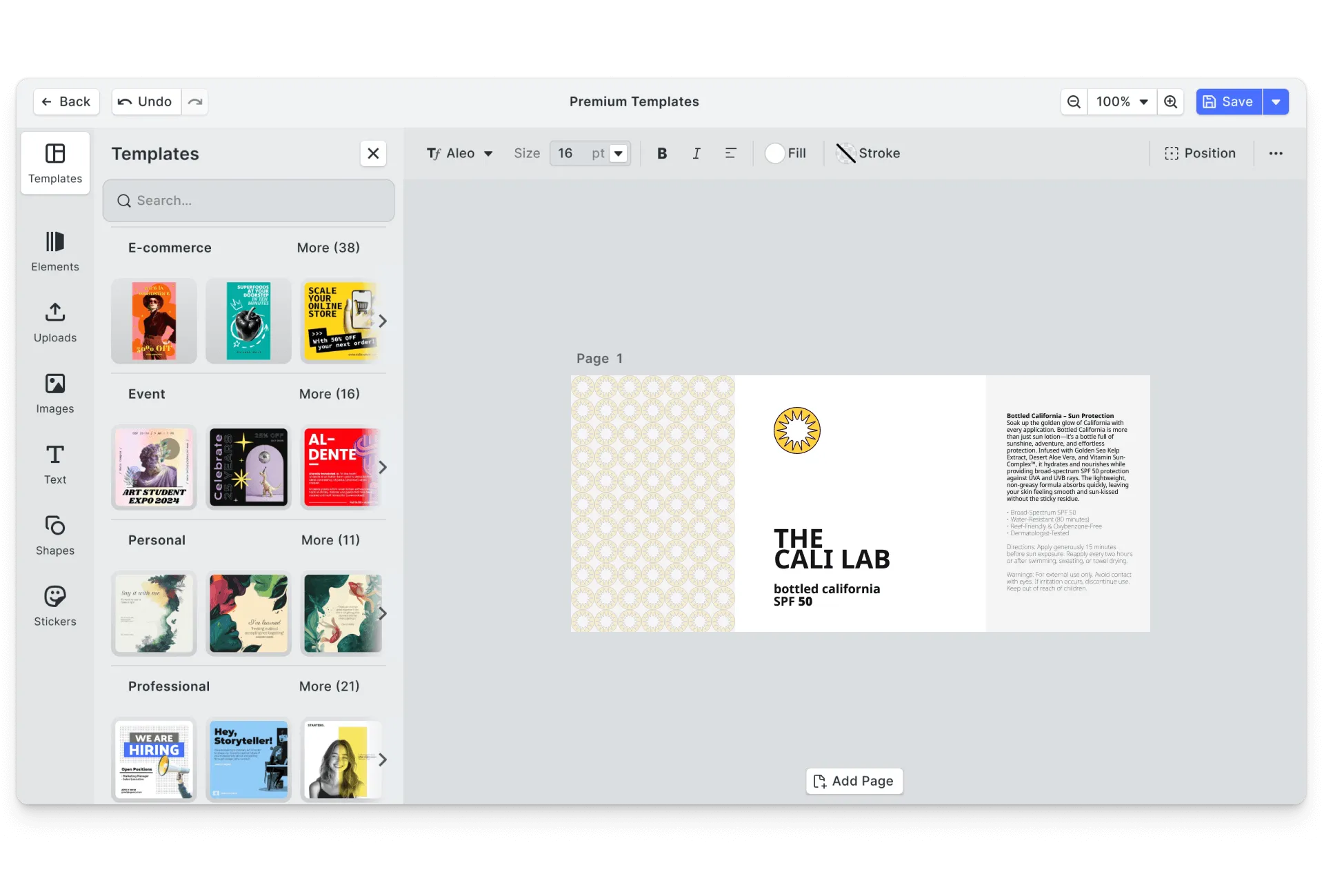 CE.SDK bottle label editor showing template-based design