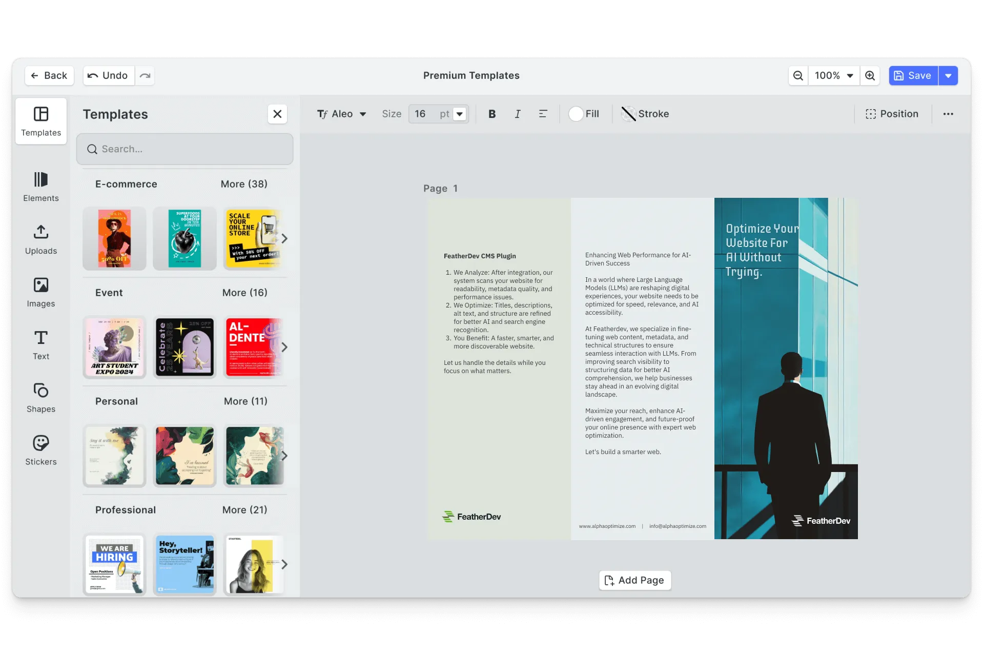 CE.SDK product brochures editor showing product template-based design