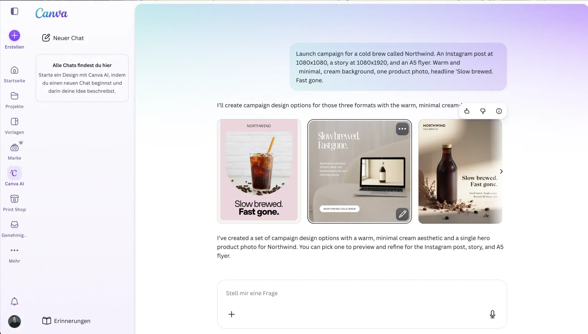 Canva's assistant returning the Northwind assets, without the cream background the brief asked for and with the product shown on a laptop