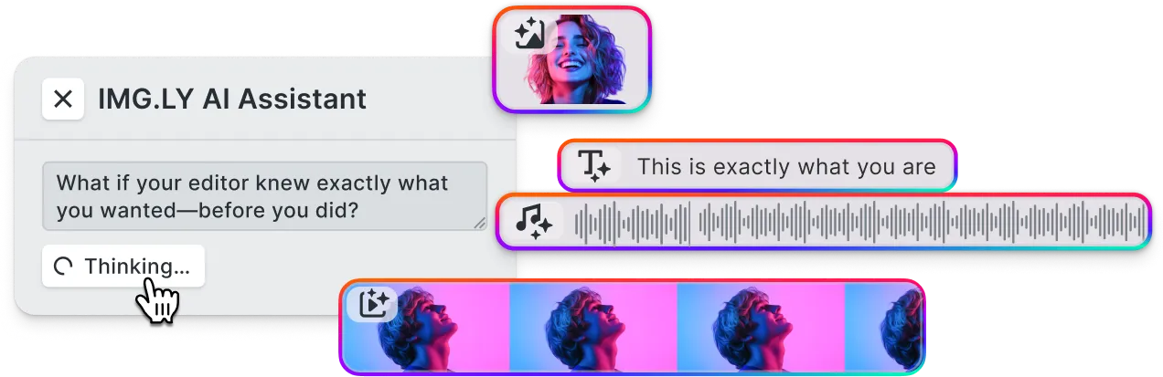 AI assistant in the editor generating an image, text, audio, and a video clip