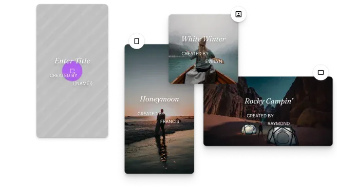 A video template with a name placeholder beside three finished versions in portrait, square, and landscape