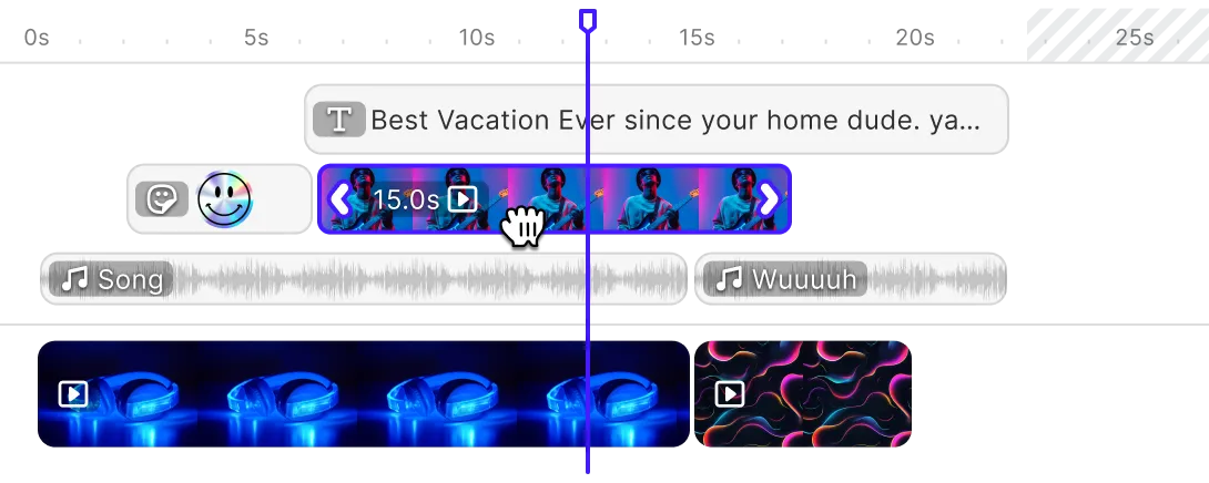 Video timeline with a text track, a sticker, a selected video clip, and two audio tracks