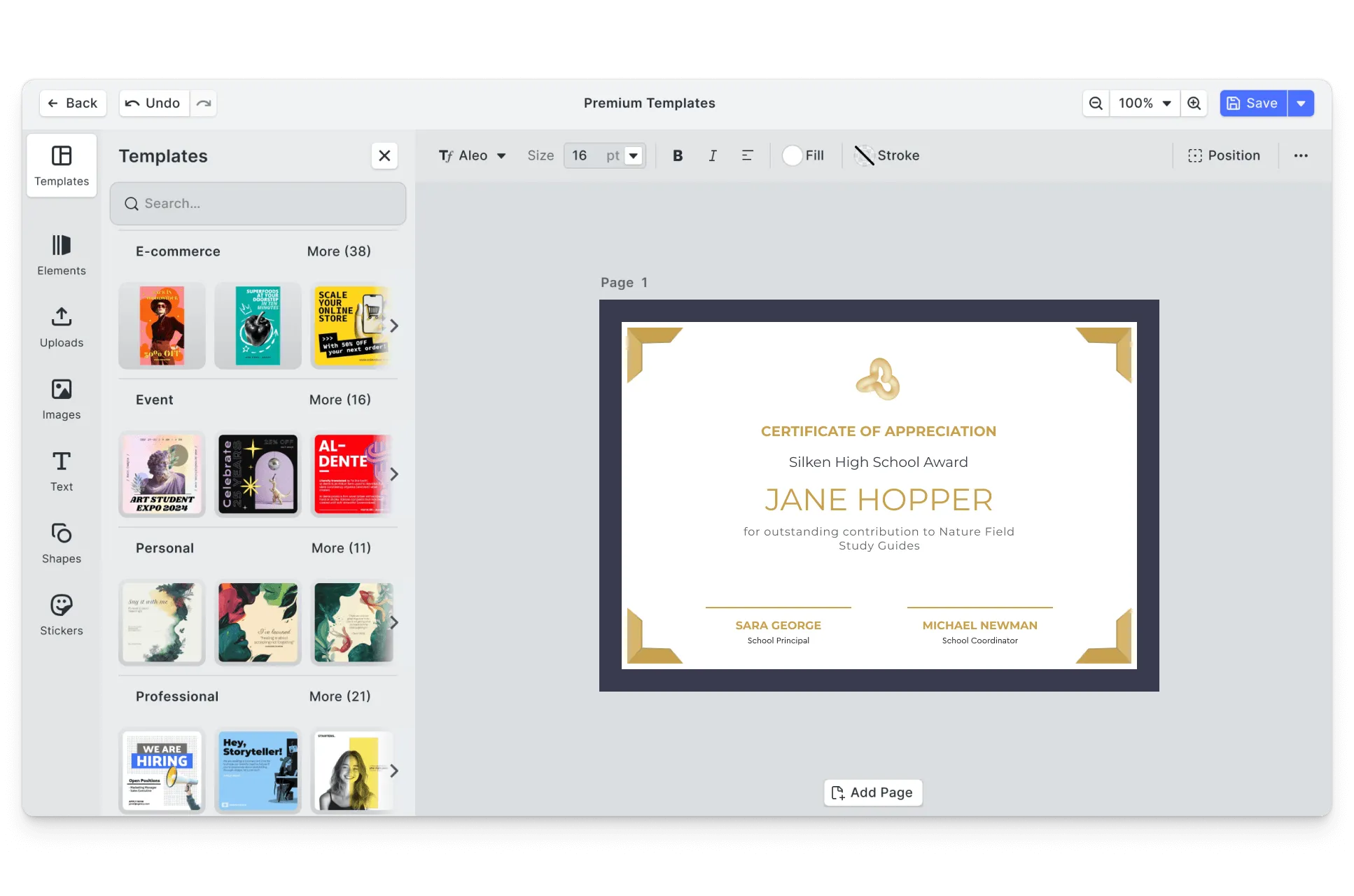 CE.SDK certificates editor showing template-based design