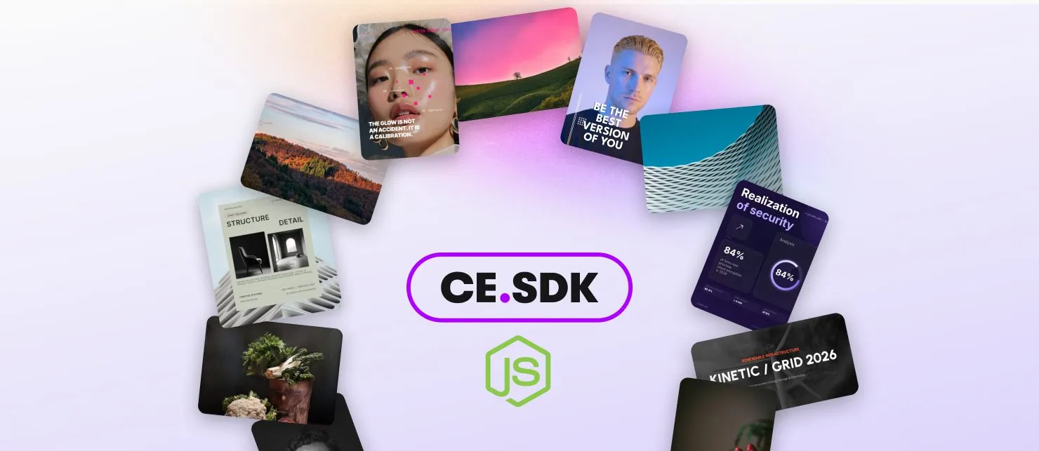 CE.SDK and Node.js logos surrounded by designs rendered server-side