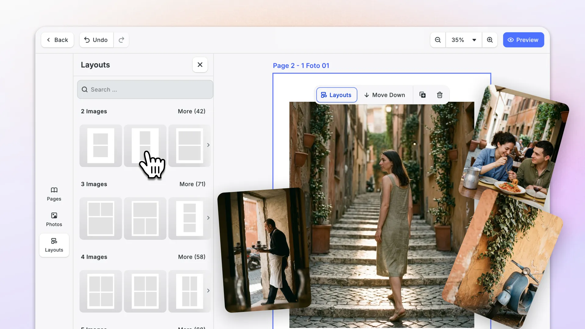 The CE.SDK photobook editor with the Layouts panel open and photos placed on a page spread