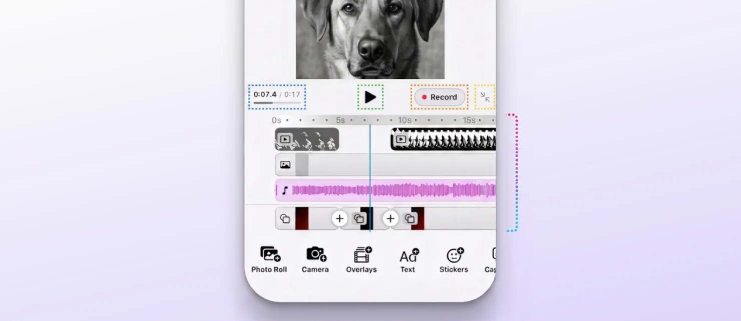 The mobile video timeline with its header controls, track rows, and Add Clip and Add Audio row highlighted