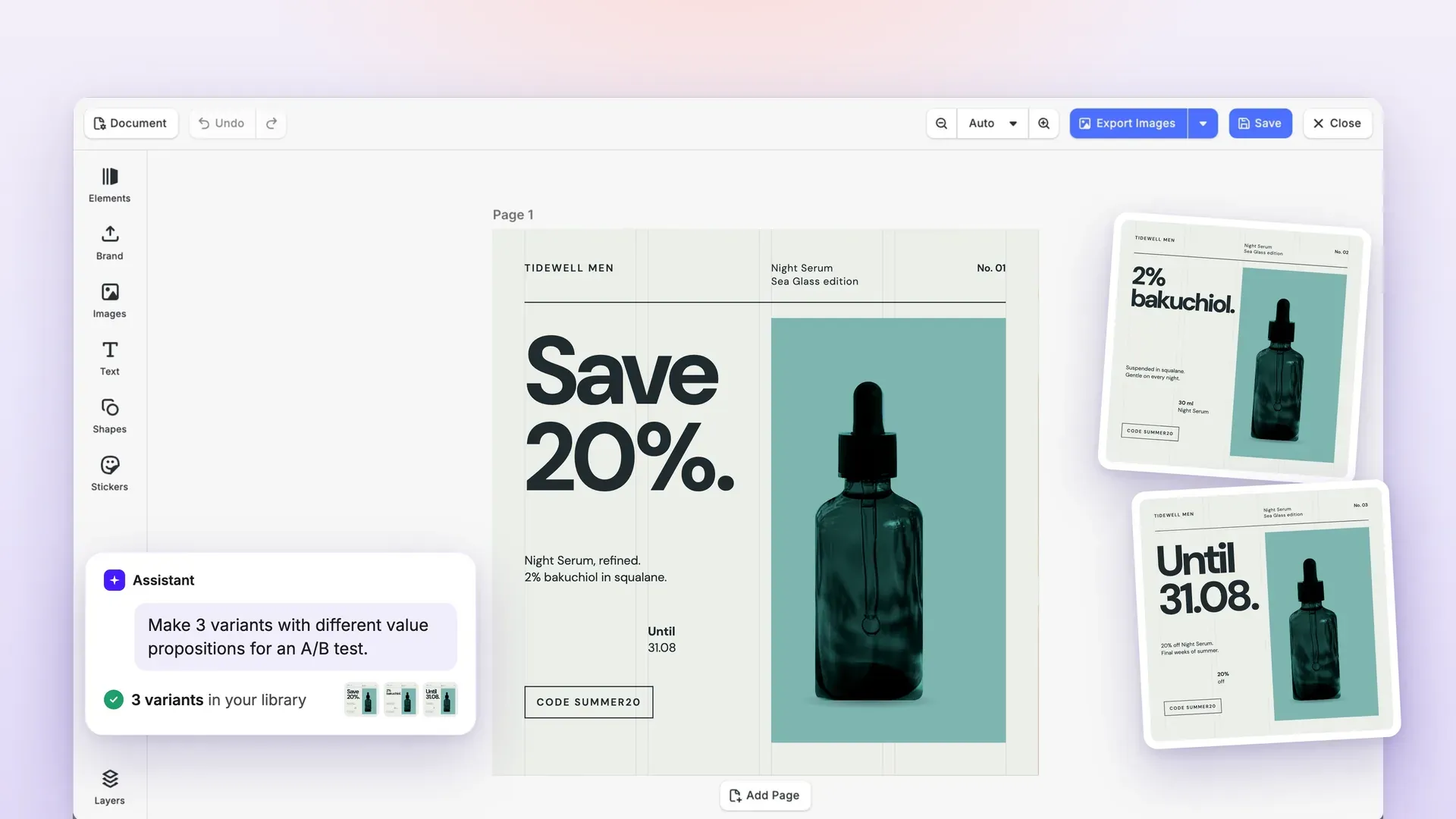 The CE.SDK editor with an AI assistant that made three variants of a serum ad for an A/B test, two shown beside the open design