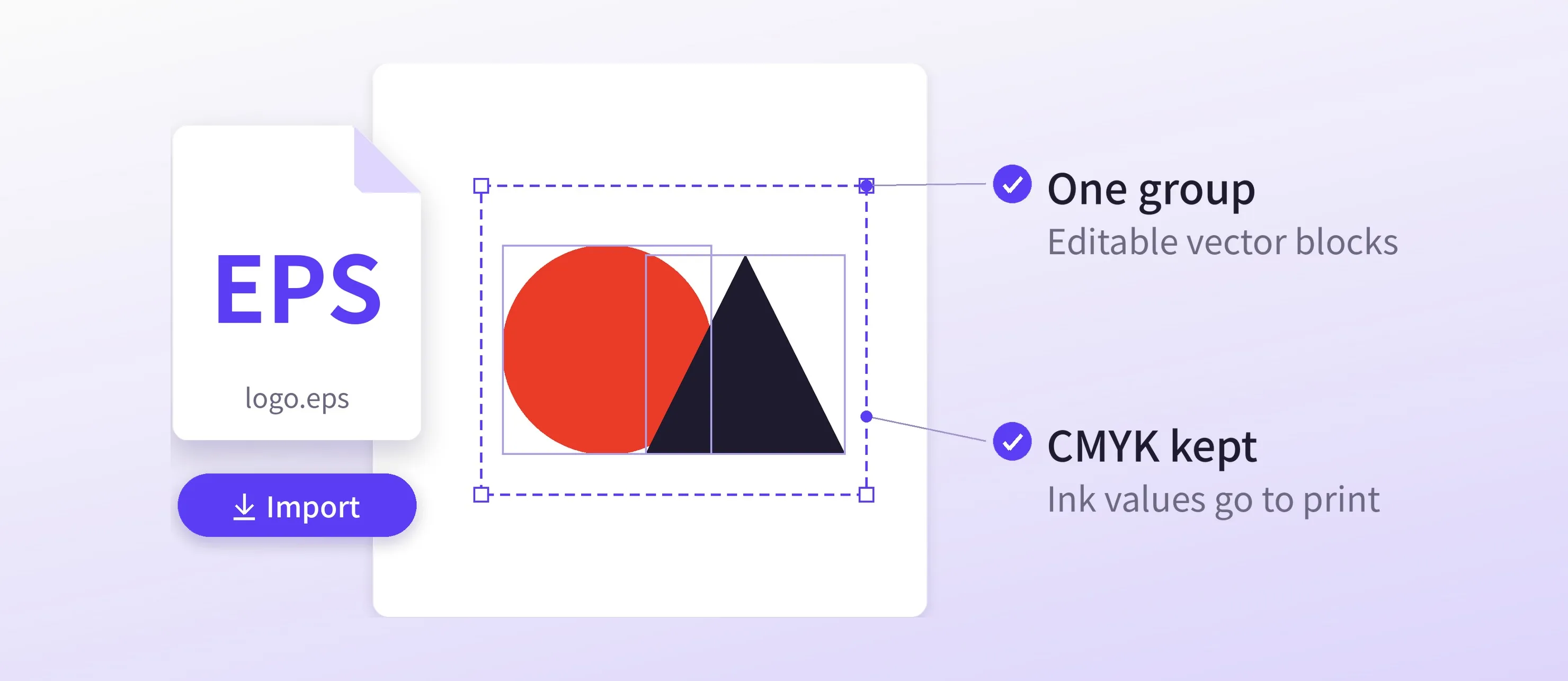 An EPS logo imported as one group of editable vector blocks with its CMYK values kept