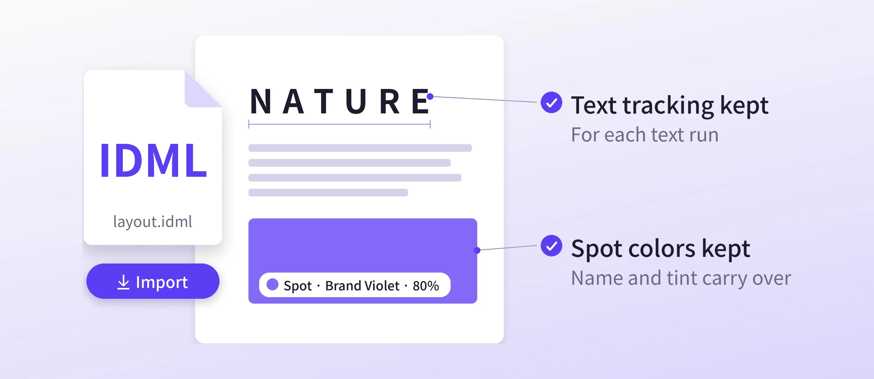 An InDesign file imported into CE.SDK with its letter tracking and its Brand Violet spot color at 80% tint kept