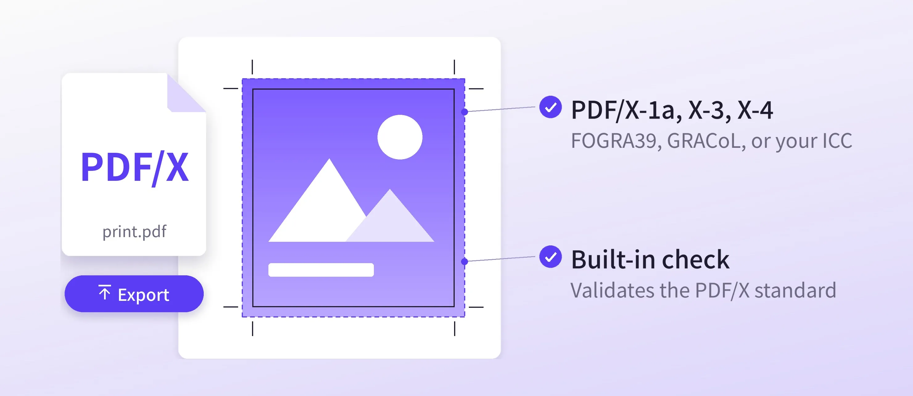 A design exported as a PDF/X file with crop marks, labeled with the PDF/X-1a, X-3, and X-4 standards and a built-in check