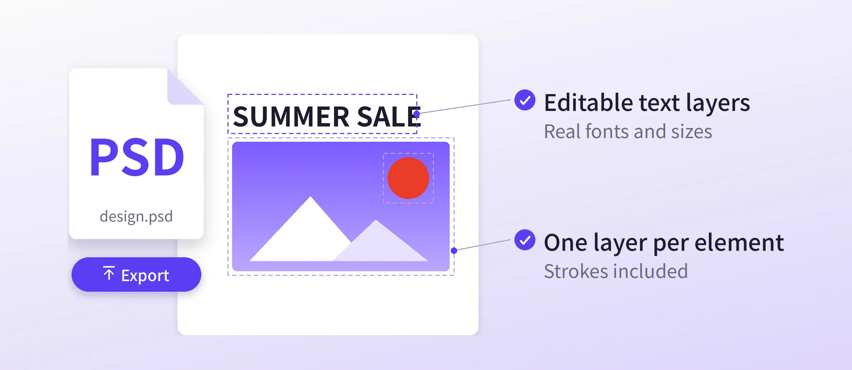 A design exported as a PSD file, with its headline as an editable text layer and its image as a separate layer