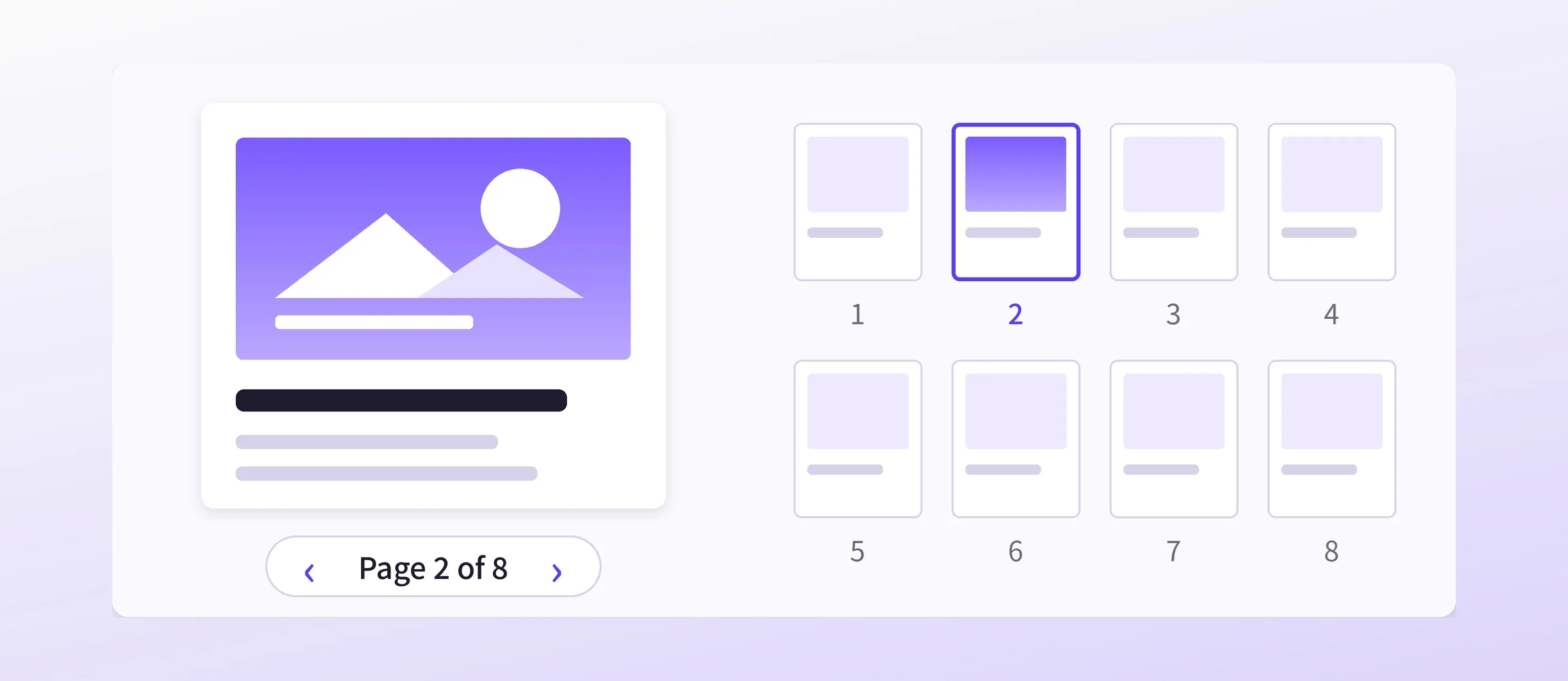 A multi-page design showing only page 2 of 8, with a page grid to switch between pages