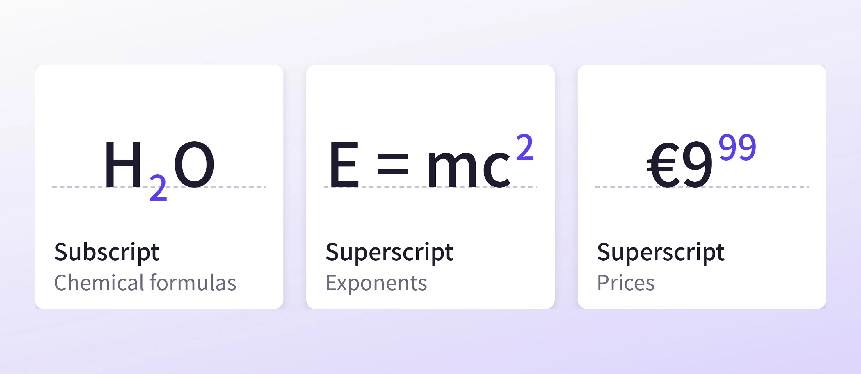Subscript in H2O, superscript in E = mc2, and a euro price with superscript cents