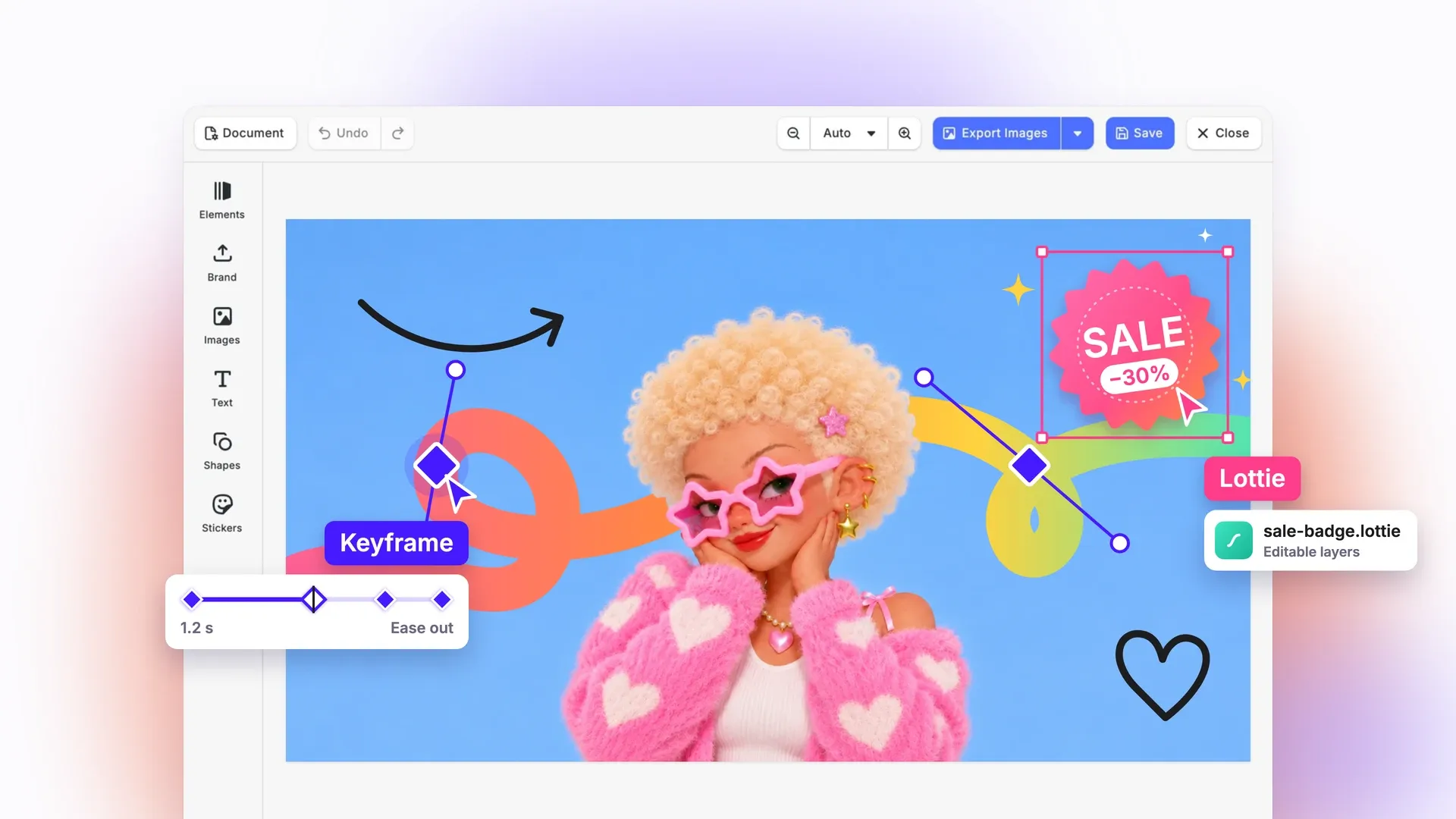 A design with a keyframed motion path and an imported Lottie sale badge with editable layers, over a photo of a woman in pink star-shaped glasses