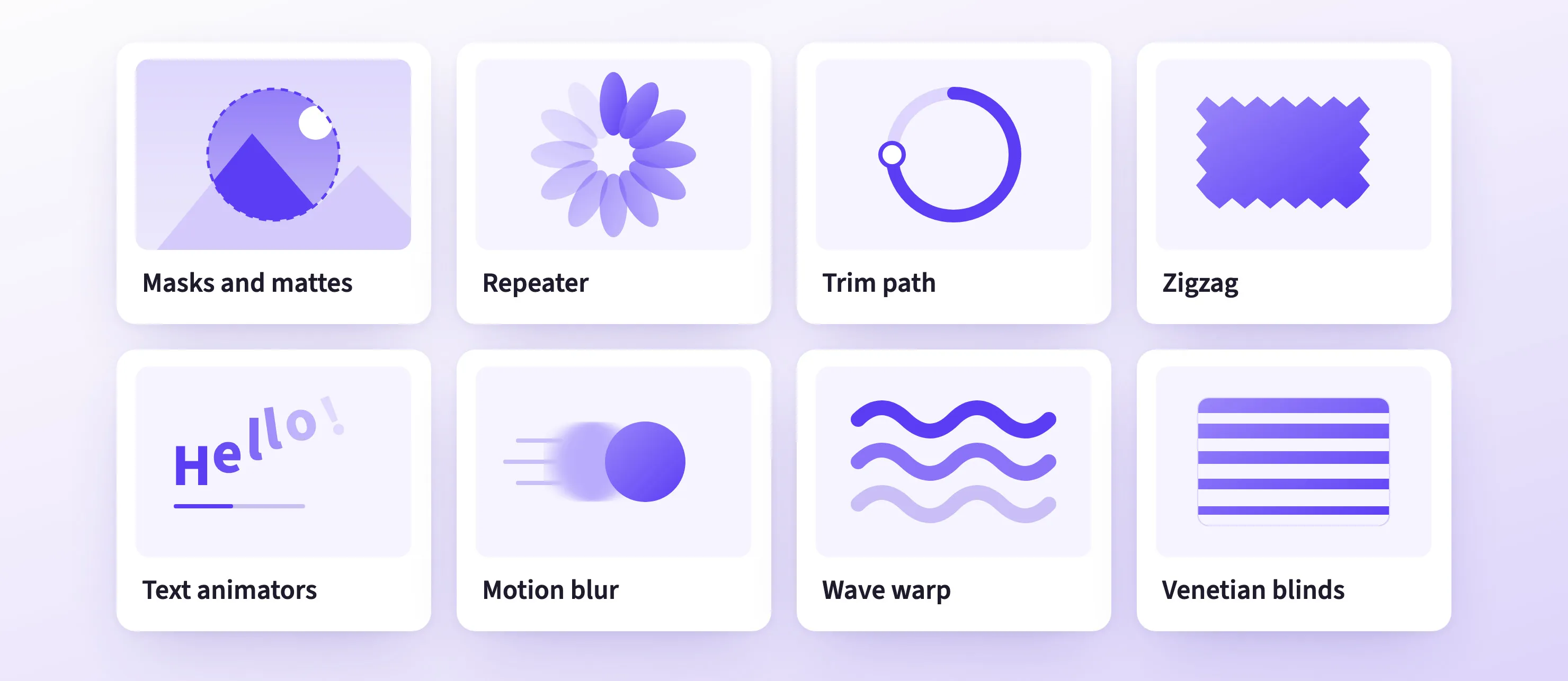 Eight new rendering features: masks and mattes, repeater, trim path, zigzag, text animators, motion blur, wave warp, and venetian blinds