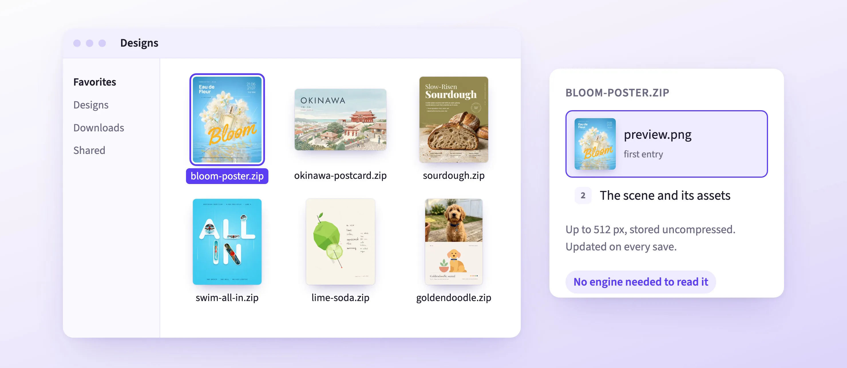 A file browser showing saved design archives with their preview images, and the Bloom poster as preview.png, the archive's first entry