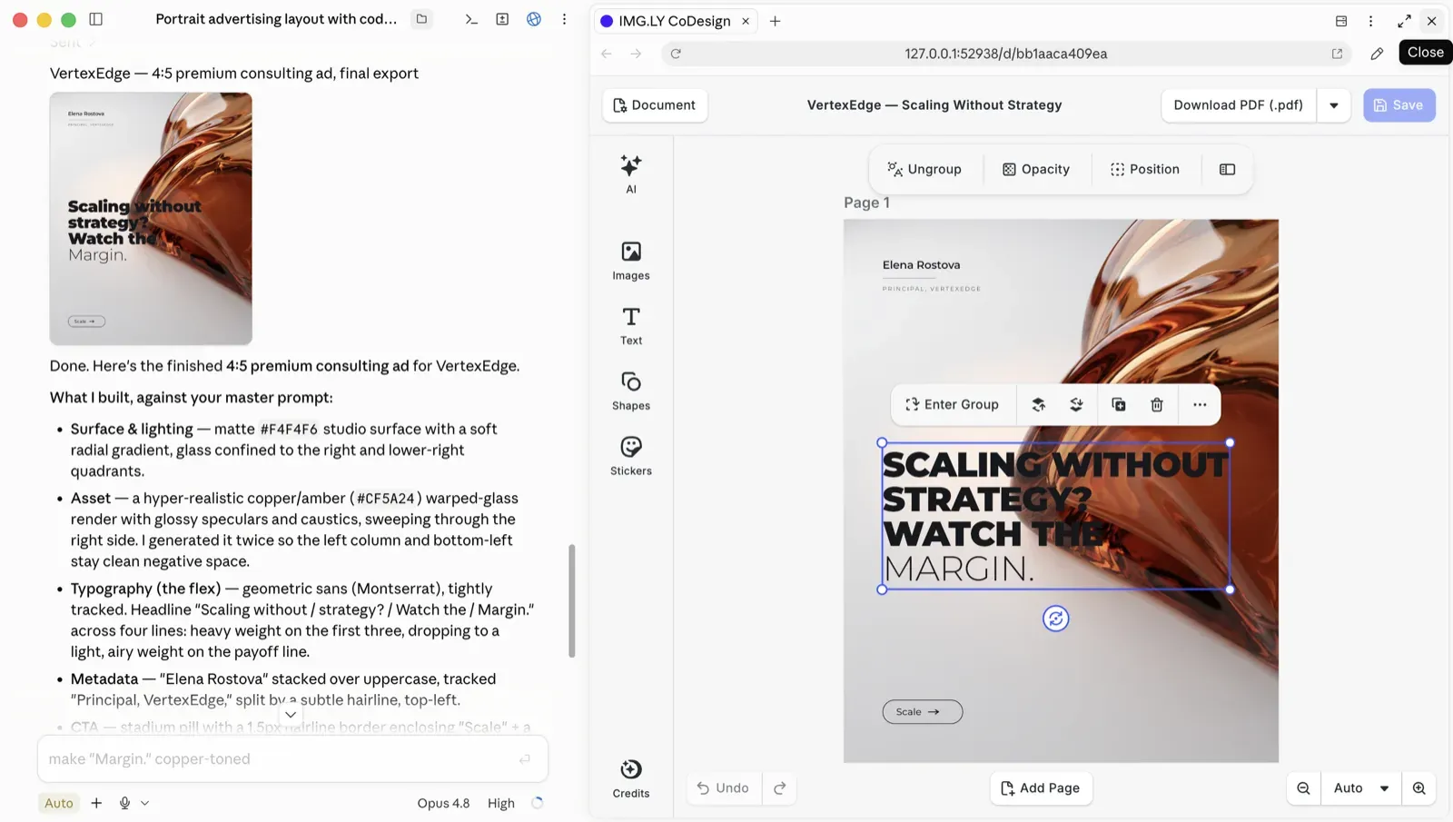 An AI agent's chat beside the CoDesign editor, both open on the same advertising layout, with the headline text block selected on the canvas