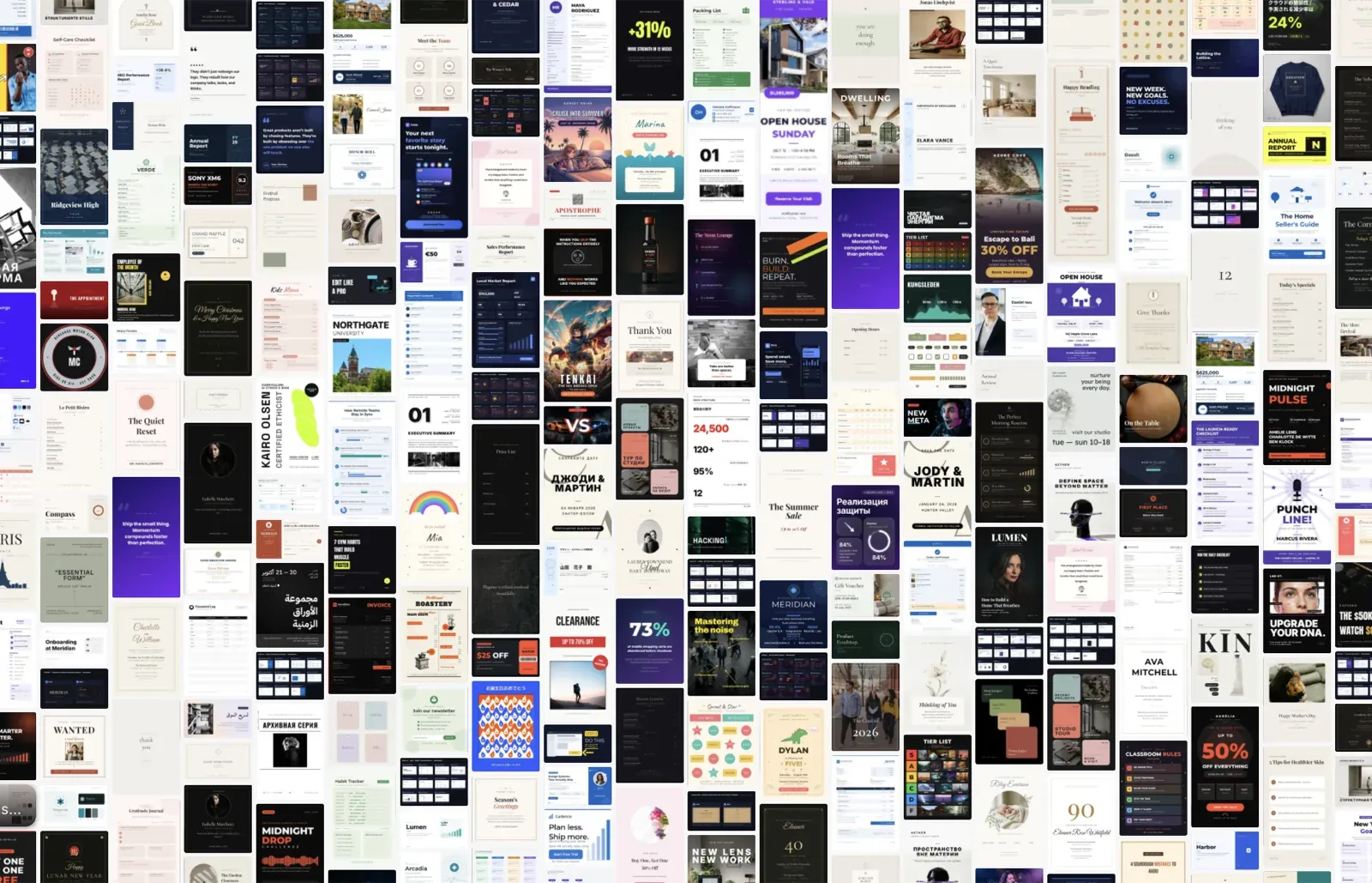 Hundreds of finished designs tiled together: posters, invitations, reports, menus, social posts and certificates in many languages
