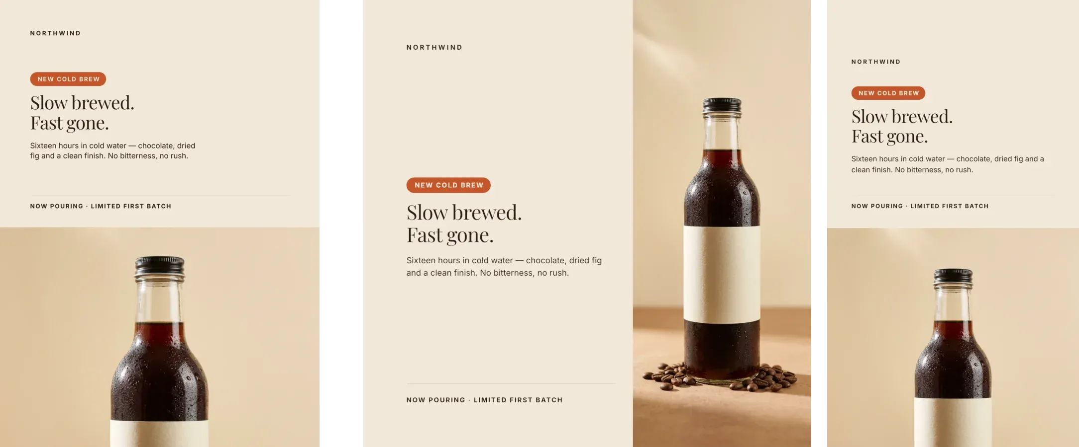 The three Northwind formats CoDesign returned from one brief: the DIN A5 flyer on the left, then the square Instagram post and the vertical story side by side, all carrying the same headline, colors and product photo