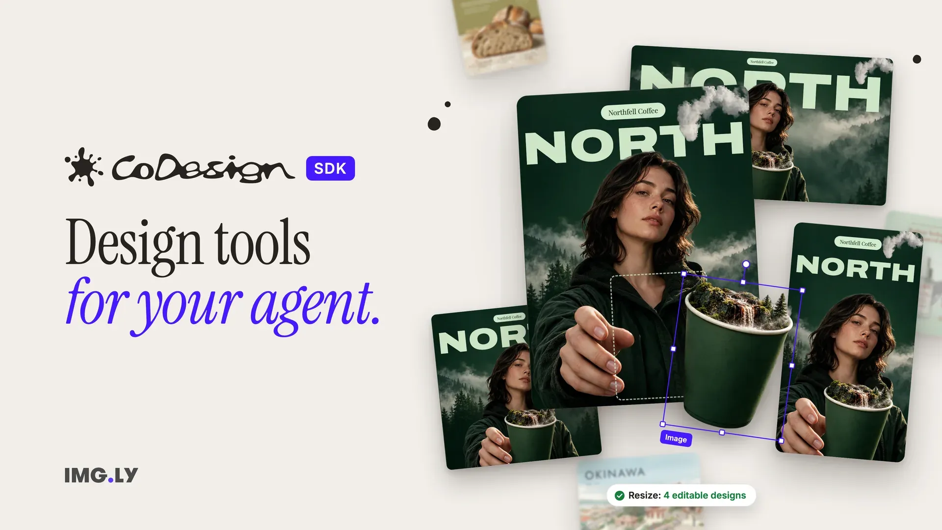CoDesign SDK, design tools for your agent: one Northfell Coffee ad resized into four editable designs