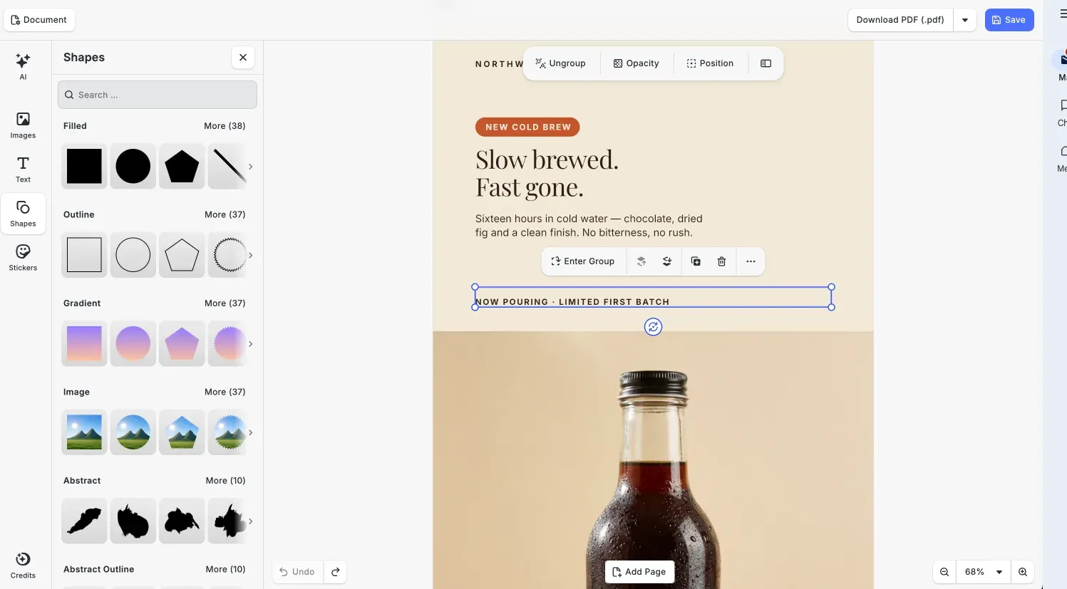 The CoDesign editor with the Northwind master file open: the headline text layer selected for a direct edit, a shapes library on the left, and a Download PDF button in the toolbar