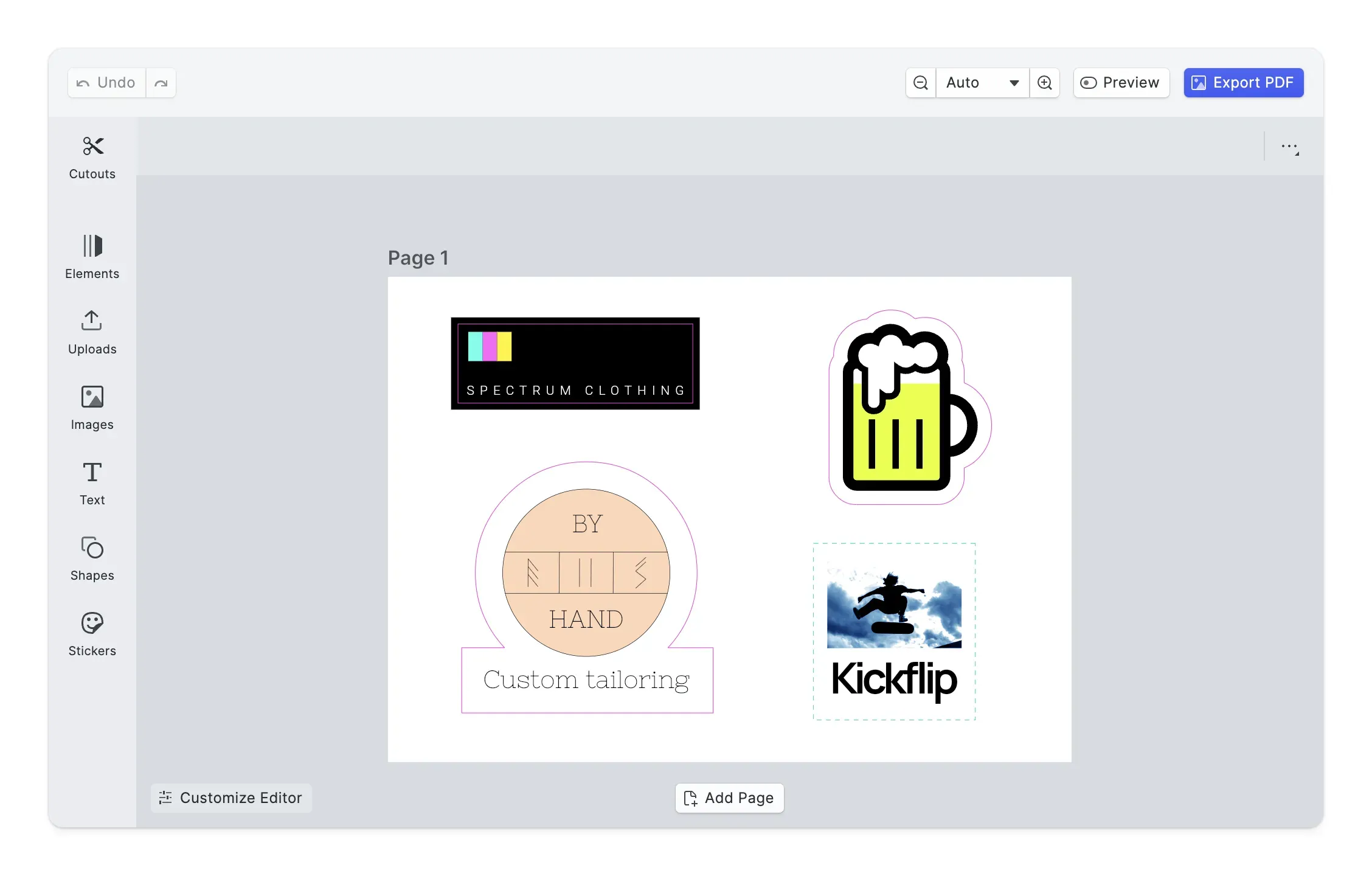 The CE.SDK editor with the Cutouts tool open, showing labels and stickers with solid and dashed cut contours ready for PDF export