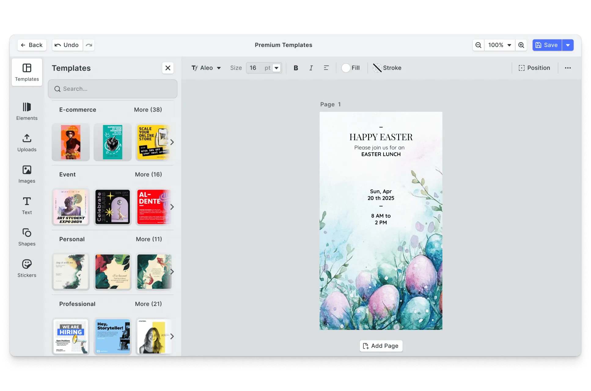 CE.SDK easter invitations editor showing template-based design