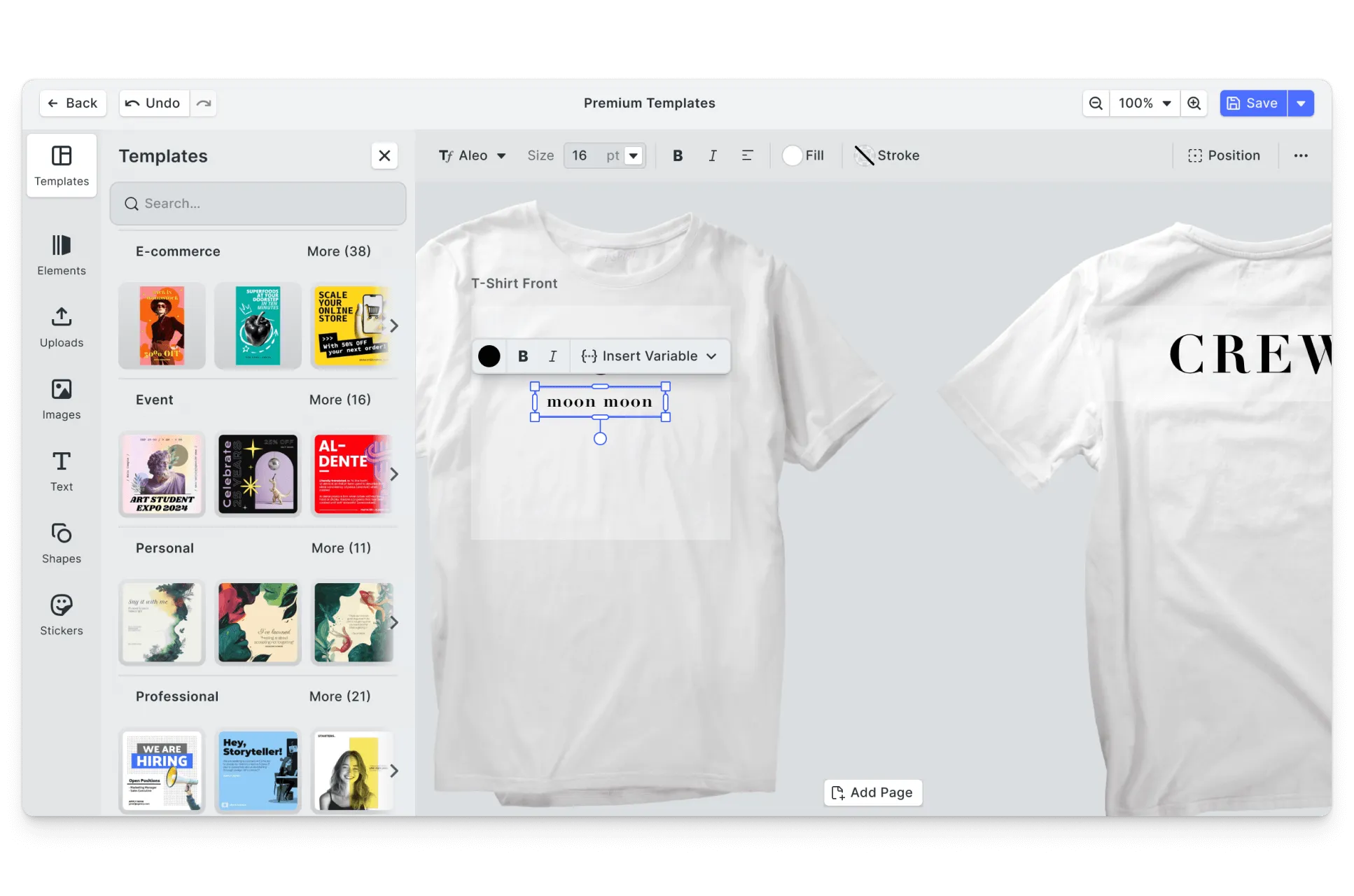 CE.SDK event t-shirts editor showing branded template-based design